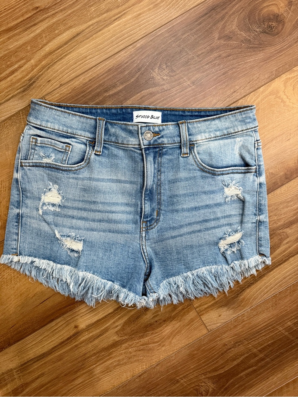 Studio Light Wash Distressed Frayed Denim Shorts - Light Blue
